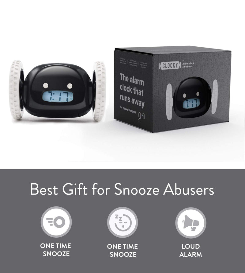 Clocky Alarm Clock on Wheels (Original) | Extra Loud for Heavy Sleepers | Robot Clockie for Adults and Kids | Funny, Rolling, Run-away, Moving, Jumping (Black)