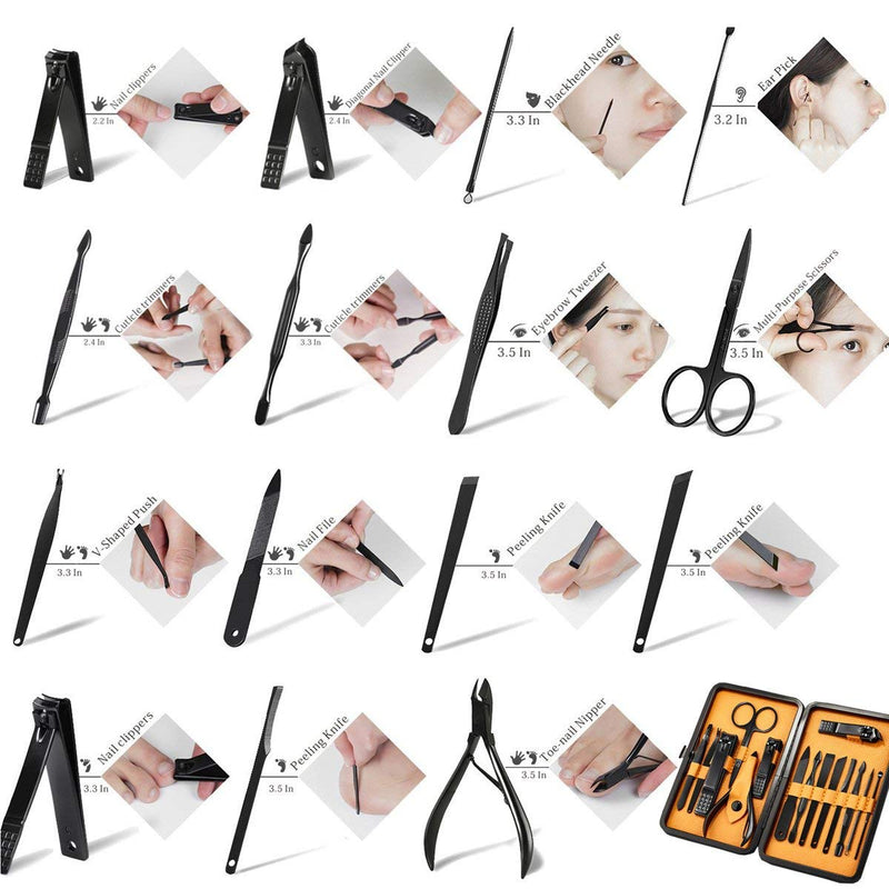 Keiby Citom Professional Stainless Steel Nail Clipper Travel & Grooming Kit Nail Tools Manicure & Pedicure Set of 15pcs with Luxurious Case (Black/Yellow)