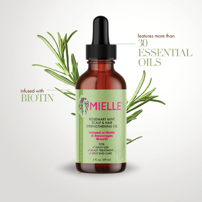 Mielle Organics Scalp & Hair Strengthening Oil with Rosemary Mint, Biotin & Essential Oils (2 fl oz) - For Split Ends, Dry Scalp & Hair Growth, All Hair Types.