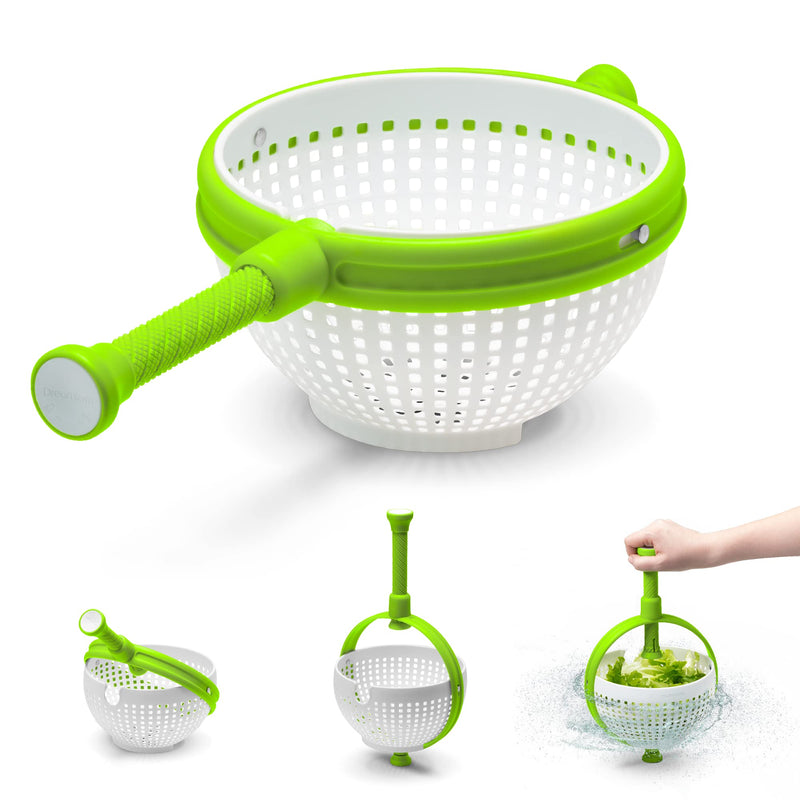 Dreamfarm Spina Salad Spinner (White & Green) - Non-Scratch Nylon Colander with Collapsible Handle.