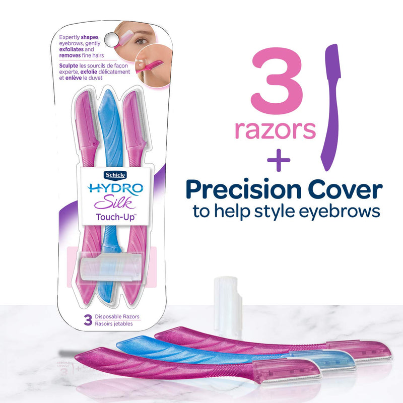 Schick Hydro Silk Touch-Up Multipurpose Exfoliating Tool, Eyebrow & Facial Razor with Precision Cover (3 Count, Packaging May Vary)