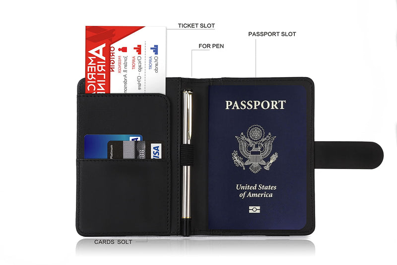 Melsbrinna Premium Leather Passport Holder Covers Case, Waterproof Rfid Blocking Travel Wallet Passport Holder with Pen Holder, Cute Passport Book for Women/Men (Black)