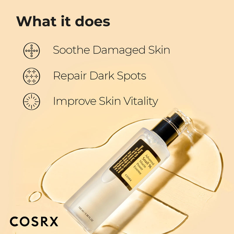 COSRX Snail Mucin 96% Power Repairing Essence 3.38 fl.oz, 100ml, Hydrating Serum for Face with Snail Secretion Filtrate for Dull and Damaged Skin, Not Tested on Animals, No Parabens, Korean Skincare