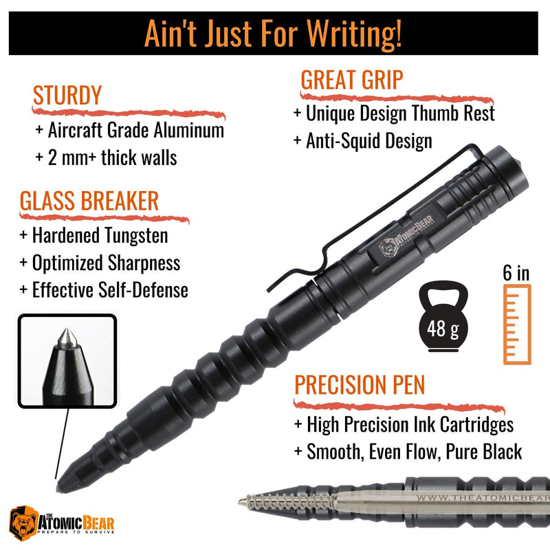 Atomic Bear Tactical Pen Kit with Window Breaker for Self Defense: Ballpoint Pen, Free Ink Refill (2nd Refill Included)
