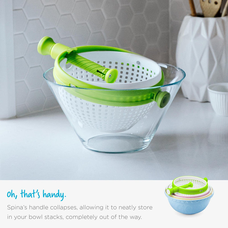 Dreamfarm Spina Salad Spinner (White & Green) - Non-Scratch Nylon Colander with Collapsible Handle.