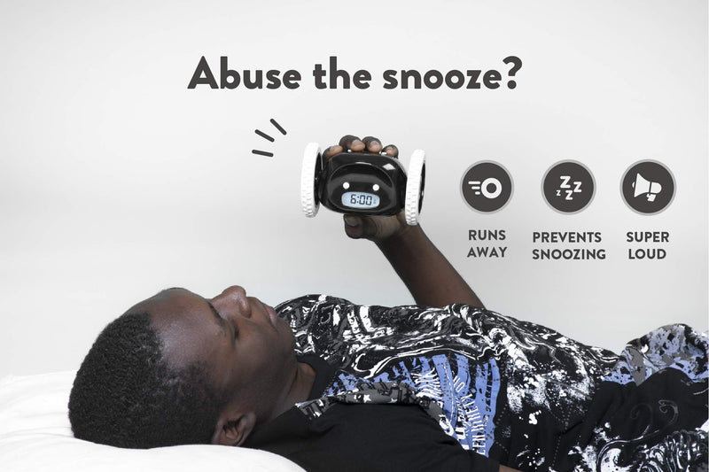 Clocky Alarm Clock on Wheels (Original) | Extra Loud for Heavy Sleepers | Robot Clockie for Adults and Kids | Funny, Rolling, Run-away, Moving, Jumping (Black)