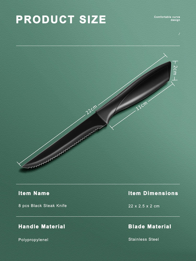 Premium Stainless Steel Kitchen Steak Knife Set of 8 (Super Sharp, Serrated, Dishwasher Safe, No Rust, Black)