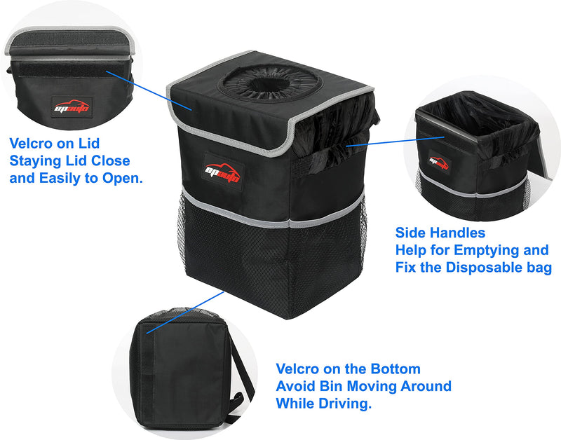 EPAuto Black Waterproof Car Trash Can with Lid & Storage Pockets (EP-CP-001)