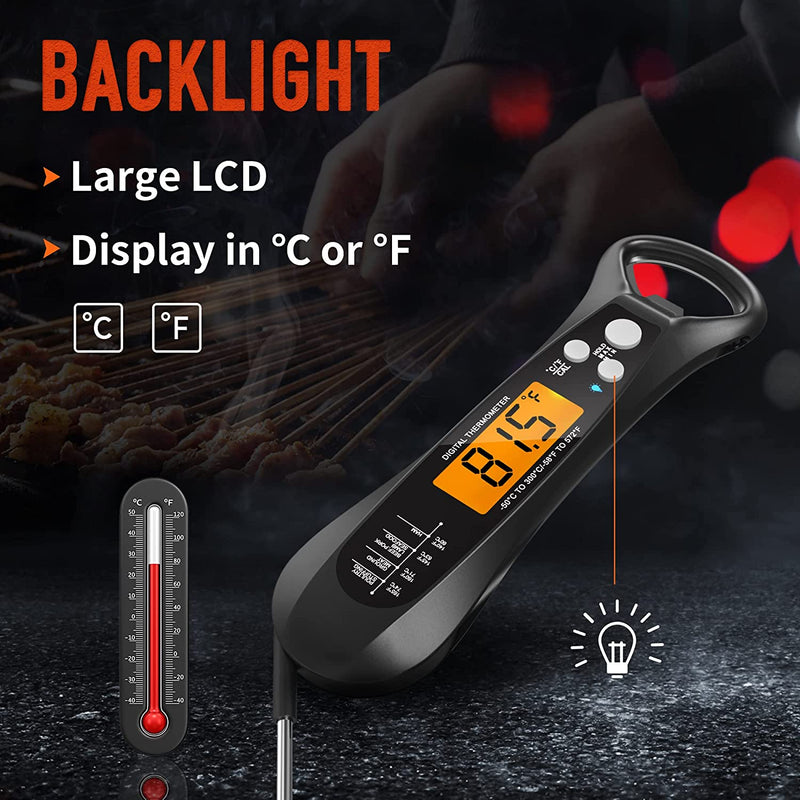 Digital Meat Thermometer with Backlight, Magnet, Calibration, Foldable Probe (for Deep Fry, BBQ, Grill, Roast Turkey) - Instant Read & Precise.