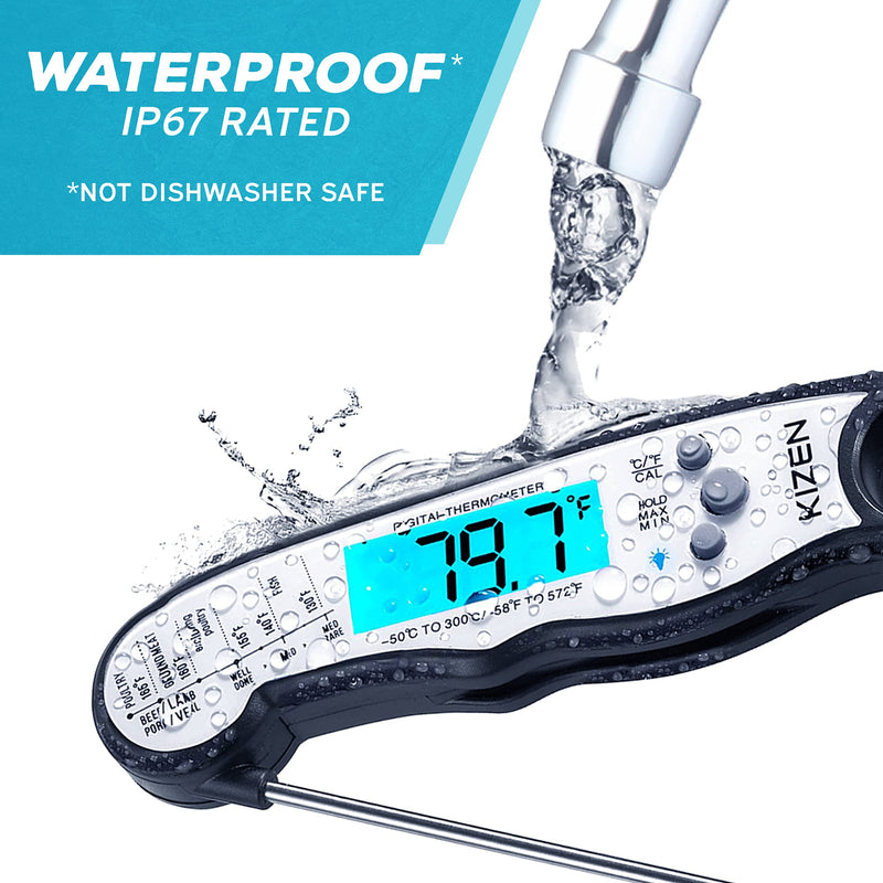 Kizen Digital Meat Thermometer (Black/White) - Wireless Probe - Instant Read for Cooking Food, Grilling, Baking, and Liquids.