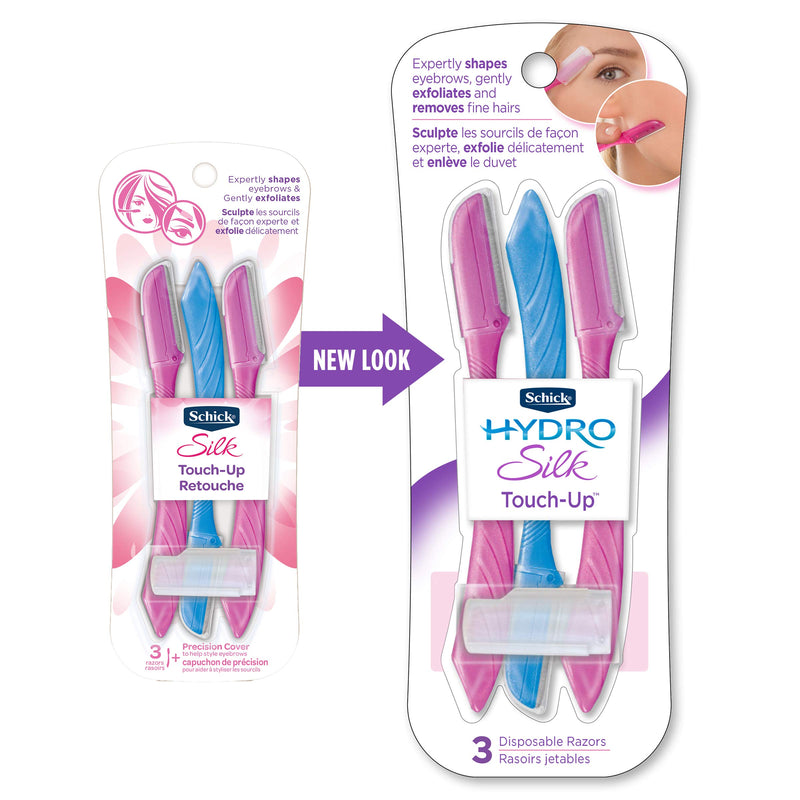 Schick Hydro Silk Touch-Up Multipurpose Exfoliating Tool, Eyebrow & Facial Razor with Precision Cover (3 Count, Packaging May Vary)
