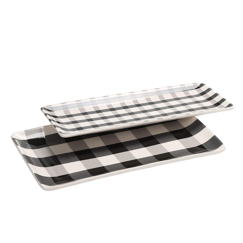 Bico 14 in. Serving Platter (2-Pack), Black and White Plaid Check, Microwave and Dishwasher Safe, Ceramic, for Serving Salad, Pasta, Cheese, Ham, and Appetizers