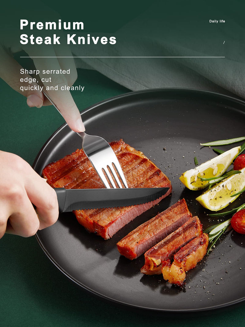 Premium Stainless Steel Kitchen Steak Knife Set of 8 (Super Sharp, Serrated, Dishwasher Safe, No Rust, Black)