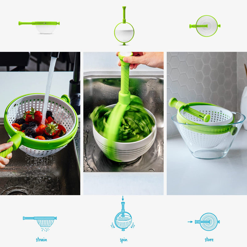 Dreamfarm Spina Salad Spinner (White & Green) - Non-Scratch Nylon Colander with Collapsible Handle.