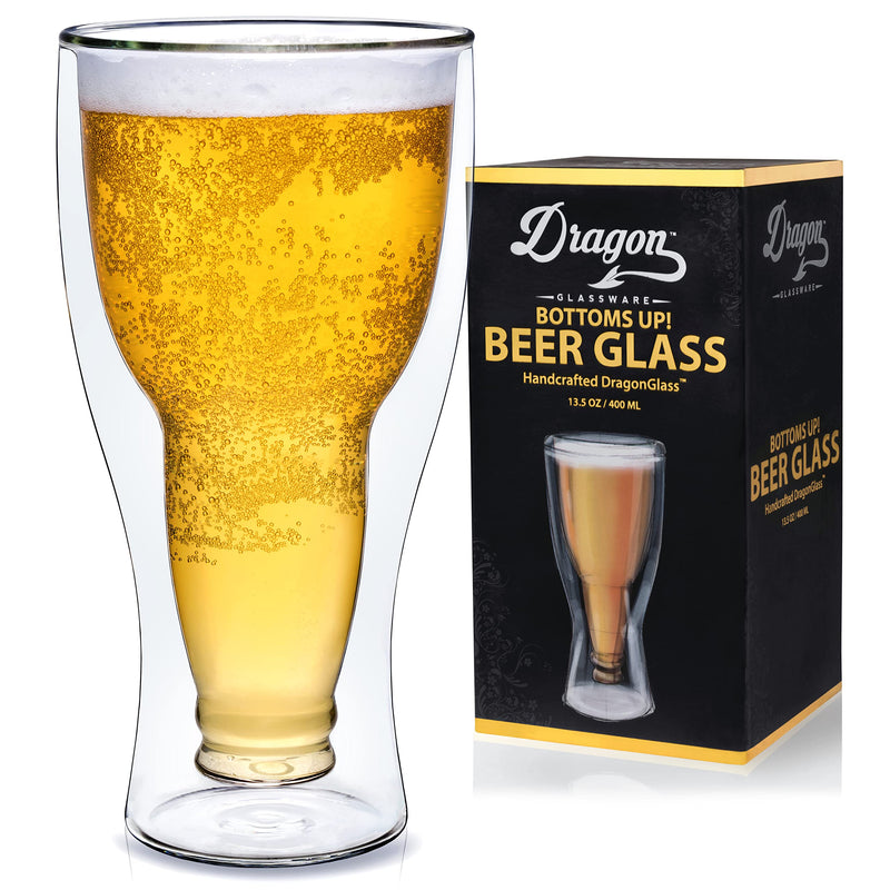 Dragon Glassware Clear Double Wall Insulated Pub Mug (13.5 oz, 1 Glass) - Upside Down Beer Bottle Design