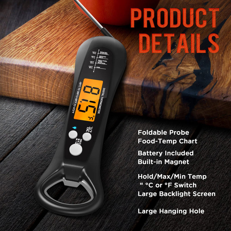 Digital Meat Thermometer with Backlight, Magnet, Calibration, Foldable Probe (for Deep Fry, BBQ, Grill, Roast Turkey) - Instant Read & Precise.