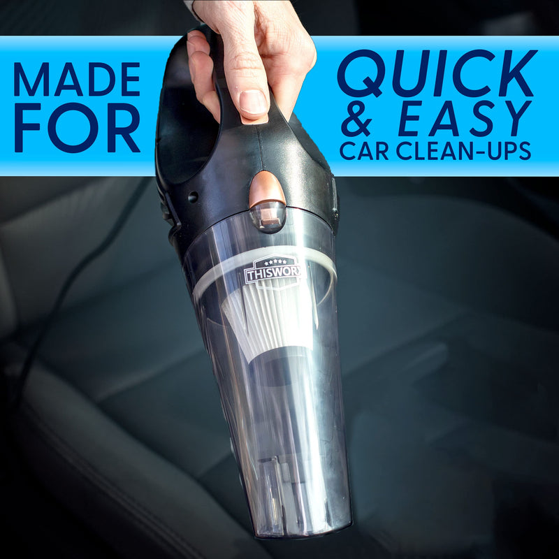 ThisWorx 12V Car Vacuum Cleaner (3 Attachments, 16 Ft Cord & Bag) - Portable, High Power Handheld Cleaner for Automotive Interior Detailing - Black