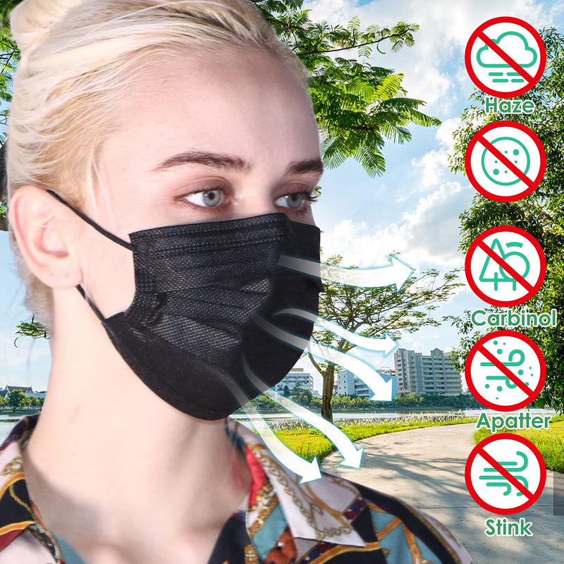 Black Disposable Face Masks (100 Pack), 3 Ply Filter Protection