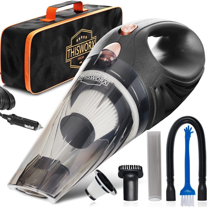 ThisWorx 12V Car Vacuum Cleaner (3 Attachments, 16 Ft Cord & Bag) - Portable, High Power Handheld Cleaner for Automotive Interior Detailing - Black
