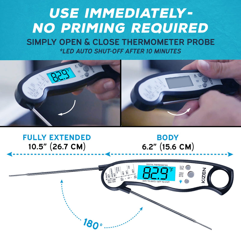 Kizen Digital Meat Thermometer (Black/White) - Wireless Probe - Instant Read for Cooking Food, Grilling, Baking, and Liquids.