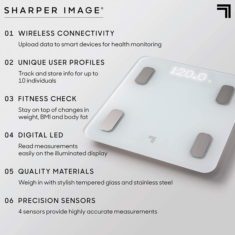 Sharper Image Digital Bathroom Scale with Bluetooth, Tracks Weight, Body Fat and BMI (Compatible with Android and iOS Apps)