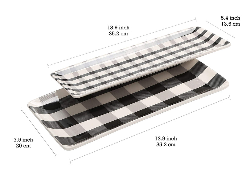 Bico 14 in. Serving Platter (2-Pack), Black and White Plaid Check, Microwave and Dishwasher Safe, Ceramic, for Serving Salad, Pasta, Cheese, Ham, and Appetizers