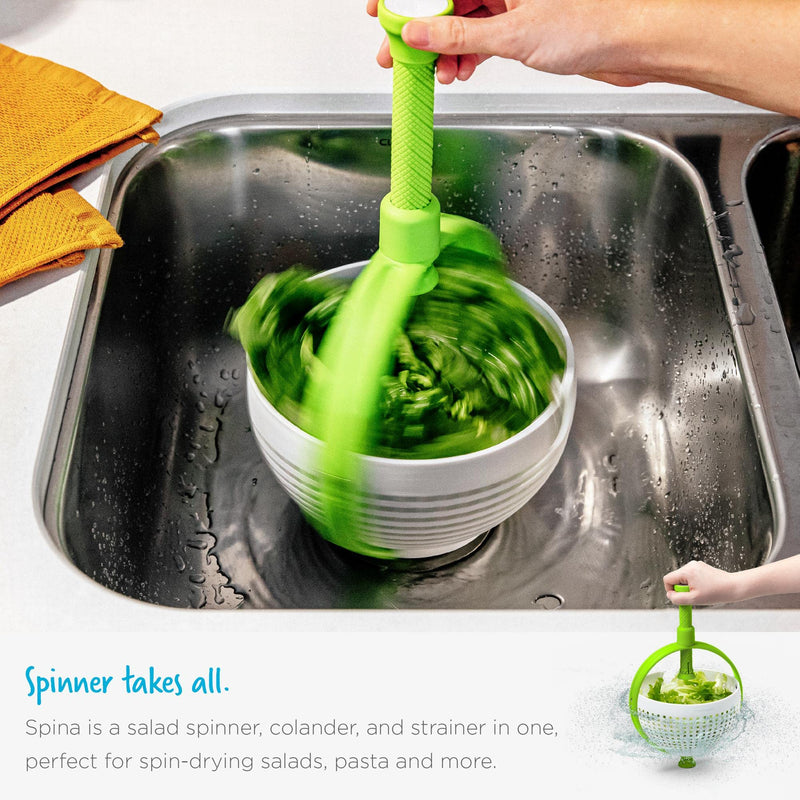 Dreamfarm Spina Salad Spinner (White & Green) - Non-Scratch Nylon Colander with Collapsible Handle.