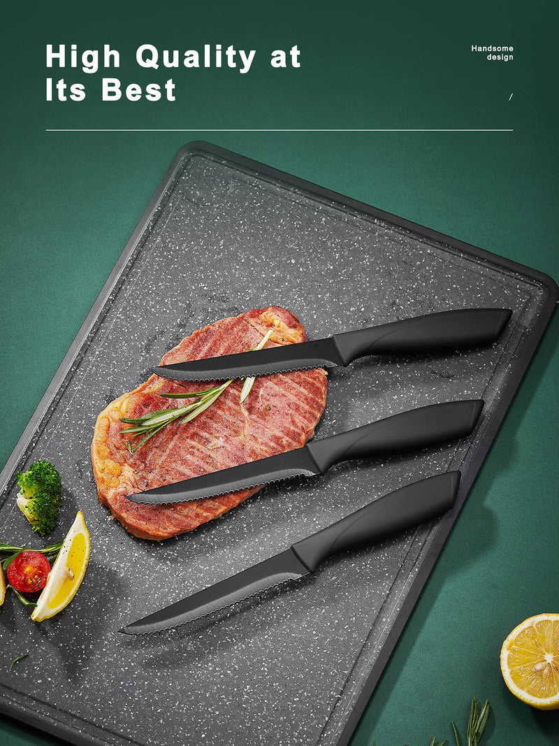 Premium Stainless Steel Kitchen Steak Knife Set of 8 (Super Sharp, Serrated, Dishwasher Safe, No Rust, Black)