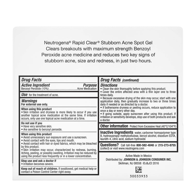 Neutrogena Rapid Clear Maximum Strength 10% Benzoyl Peroxide Spot Treatment Gel for Acne Prone Skin, 1 oz