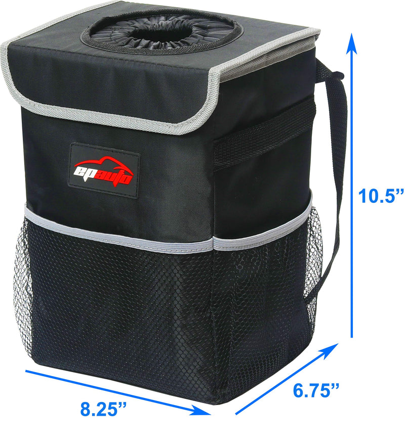 EPAuto Black Waterproof Car Trash Can with Lid & Storage Pockets (EP-CP-001)