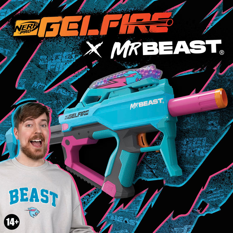 Nerf Pro Gelfire X MrBeast Full Auto Blaster & 20,000 Gelfire Rounds, 300 Round Hopper, Rechargeable Battery, Eyewear, Ages 14 & Up