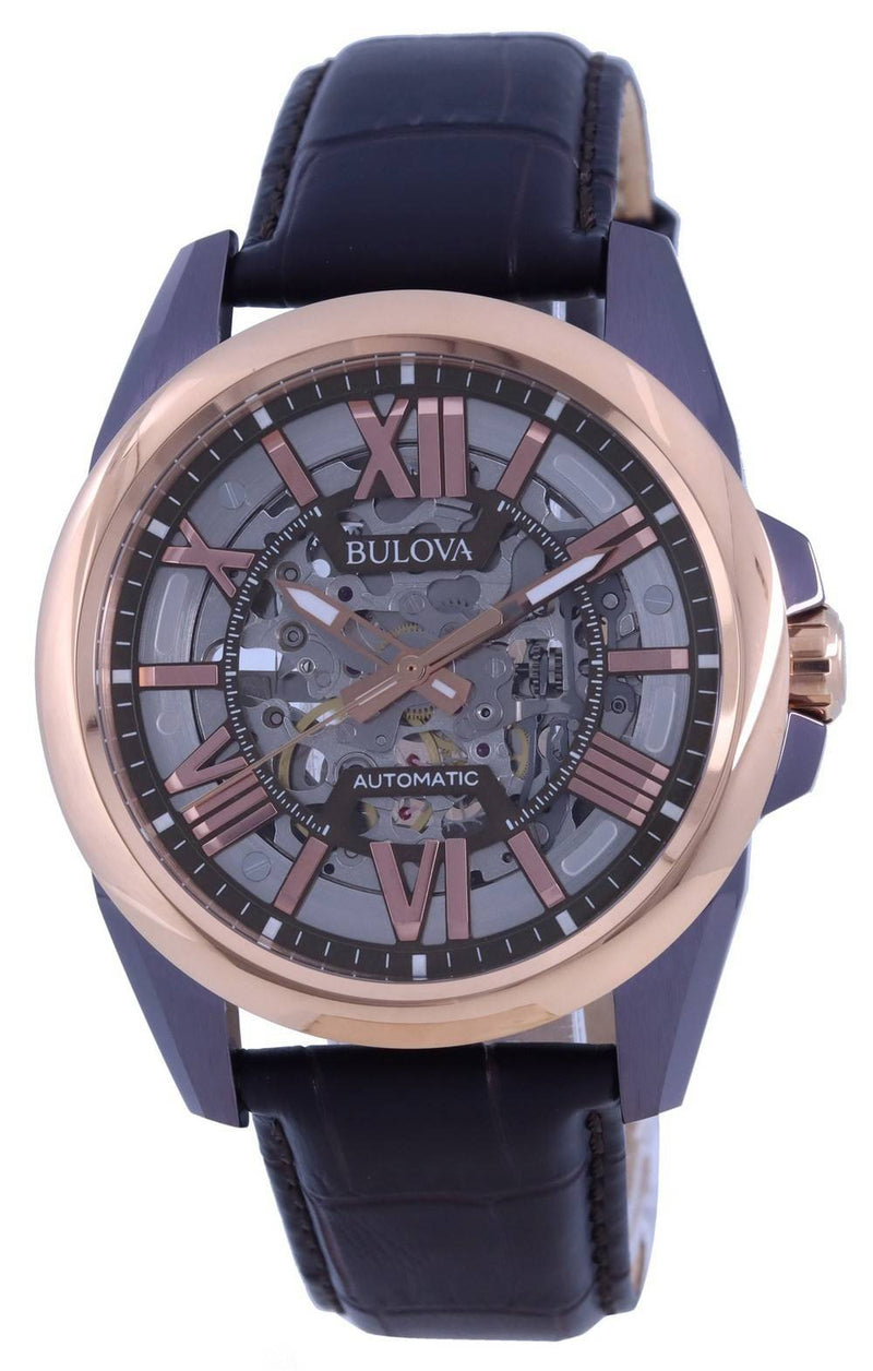 Bulova Classic Skeleton Silver Dial Leather Strap Automatic 98A165 100M Men's Watch