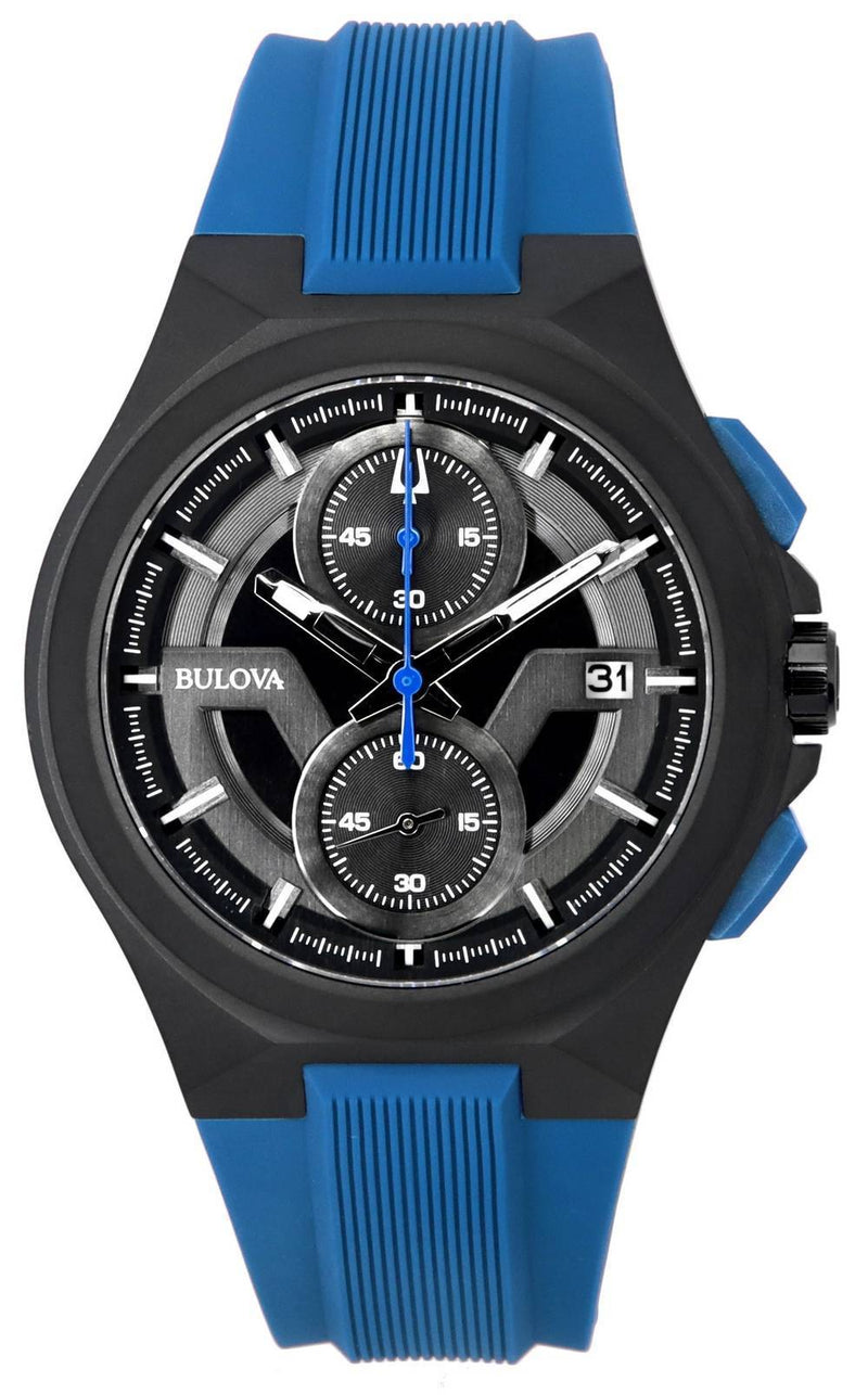 Bulova Maquina Chronograph Black Dial Blue Strap Quartz 98B380 100M Men's Watch