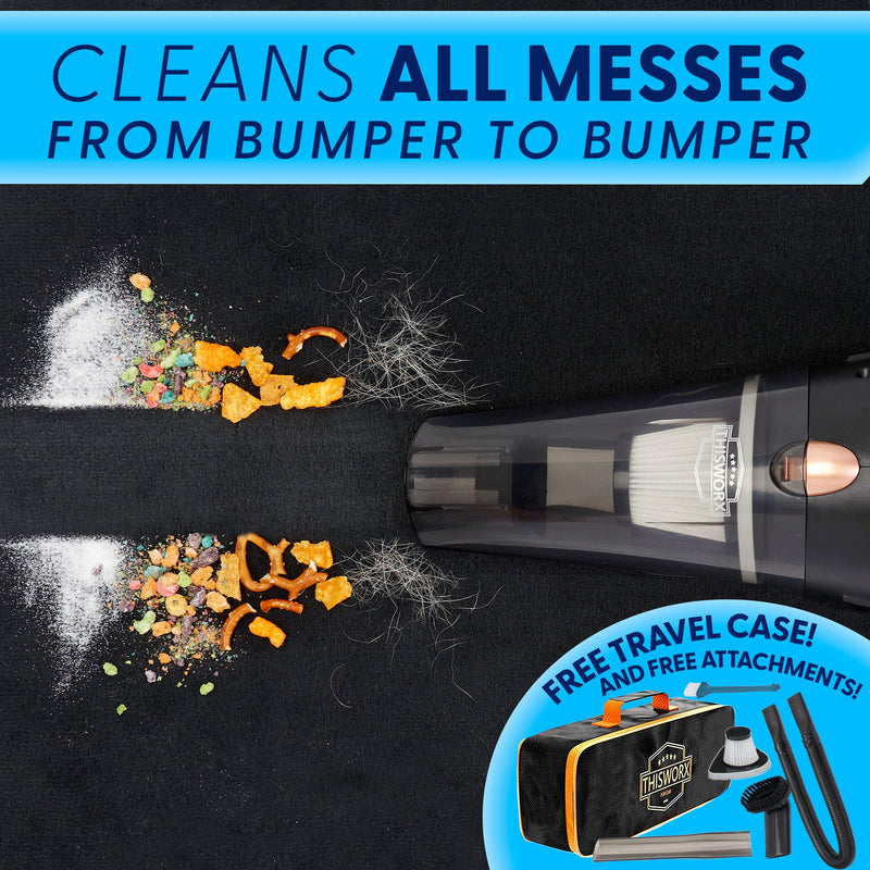 ThisWorx 12V Car Vacuum Cleaner (3 Attachments, 16 Ft Cord & Bag) - Portable, High Power Handheld Cleaner for Automotive Interior Detailing - Black